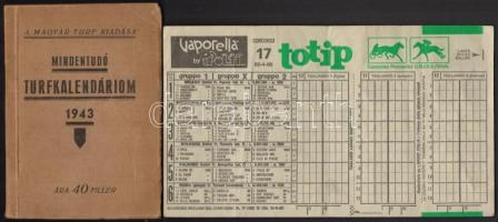 1943 Mindentudó turfkalendárium, a Magyar Turf kiadása + 7 db szelvény