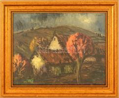 Komlós István (?-?) : Vörösberény. Olaj, papír-karton, jelzett, üvegezett keretben, 28×35 cm