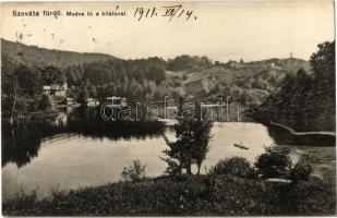 1911 Szováta-fürdő, Baile Sovata; Medve tó a kilátóval, csónakázó. Kiadja Dragoman S. J. / Lacul Ursu / lake, lookout tower, rowing boat