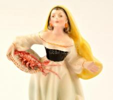 Jelzett (Italy) kézzel festett mázas porcelán kendős asszony figura, apró kopásnyomokkal,  m:13,5 cm