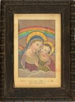 cca 1830 Régi kézzel színezett szentkép, keretben, 10×6,5 cm
