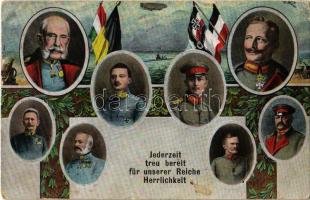 WWI Viribus Unitis propaganda card: Franz Joseph, Charles I of Austria, Wilhelm II, Wilhelm, German Crown Prince + K. und K. Inft. Baon. No. 3/46. XXVIII. Marschkompagnie (EK)