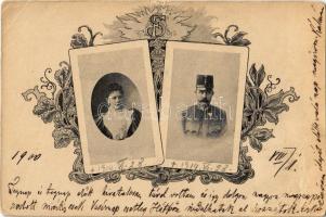 1900 Wedding memorial postcard of Archduke Franz Ferdinand of Austria and Sophie, Duchess of Hohenberg. Art Nouveau (tear)