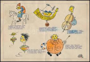 Berecz jelzéssel: 5 db humoros rajz, vegyes technika, papír, 30×21 cm