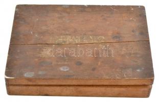 Régi villanyszerelési eszközök, fa dobozban, 21 db, 25×18×5,5 cm