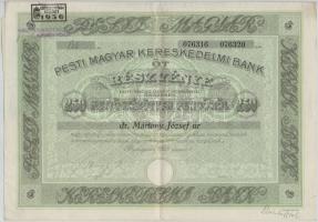 Budapest 1928. Pesti Magyar Kereskedelmi Bank öt részvénye egyben, összesen 250P-ről, névre szóló, szelvényekkel, szárazpecséttel, bélyegzésekkel T:II