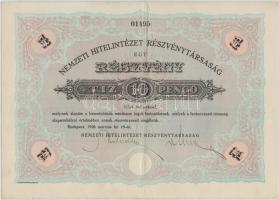 Budapest 1926. Nemzeti Hitelintézet Részvénytársaság részvénye 10P-ről, szelvényekkel, szárazpecséttel T:II