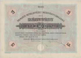 Budapest 1926. "Nemzeti Hitelintézet Részvénytársaság" részvénye 10P-ről, szelvényekkel, szárazpecséttel T:II