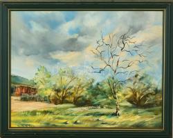 Szántó Dezső (1958-): Kerti házikó. Olaj, farost, jelzett, keretben, 35×45 cm