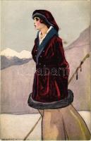 Lady with ski in winter. Italian art postcard. Edizioni dArte Eureka Proprieta artistica riservata. Serie X. N. 2. s: Marcello Dudovich