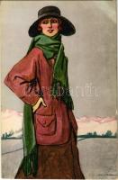 Lady in winter. Italian art postcard. Edizioni dArte Eureka Proprieta artistica riservata. Serie X. N. 3. s: Marcello Dudovich