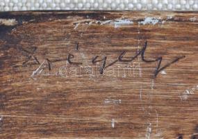 Drégely László (1932-1990): Várakozó, színezett alumíniumlemez, farost lemezre ragasztva, 25×20 cm