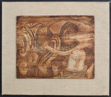 Drégely László (1932-1990): Várakozó, színezett alumíniumlemez, farost lemezre ragasztva, 25×20 cm