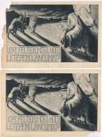 2 db RÉGI sérült irredenta művészlap / 2 pre-1945 badly damaged Hungarian irredenta art postcards