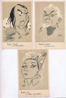 3 db RÉGI karikatúra magyar színészekről, EDMA szignóval: Ruttkai Éva, Maklári Zoltán, Major Tamás / 3 pre-1945 caricatures of Hungrian actors (non PC)