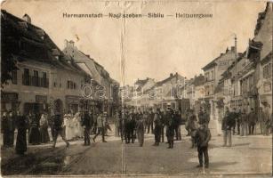 Nagyszeben, Hermannstadt, Sibiu; Heltauergasse / utcakép, Alsóváros felé közlekedő villamos, A. R. Grell üzlete. Kiadja F. Stoiber / street view, tram, shops (fa)