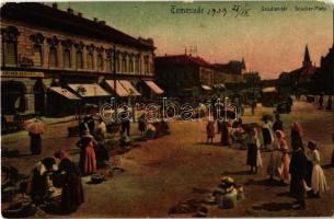 1909 Temesvár, Timisoara; Scudier tér, Rosner Menyhért, Deutsch üzlete, piaci árusok, villamos / square, shops, market vendors, tram (kis sarokhiány / small corner shortage)