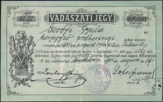 Munkács 1901. Vadászati Jegy kitöltve, 24K értékben, bélyegzéssel