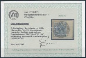 9kr MP IIIb blue with 9mm margin "NAGY-KÁROLY" Certificate: Steiner 9kr MP IIIb kék, jobb ...