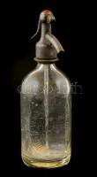 1940 Újpesti Vendéglősök Szikvízgyára R.T. feliratú (0,5 l.) szódásüveg pótolt fej résszel, m: 25,5 cm