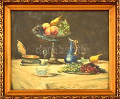 Jelzés nélkül: Asztali csendélet. Akvarell, papír, üvegezett keretben, 21×26 cm