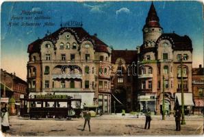 1917 Nagyvárad, Oradea; Fekete Sas szálloda, villamos Remington írógép reklámmal, drogéria (gyógyszertár), Vigadó Mozgó (mozi) / hotel, tram with typewriter advertisement, pharmacy, cinema (kopott sarkak / worn corners)