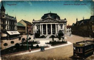 1913 Nagyvárad, Oradea; Bémer tér és Szigligeti színház, villamos Esterházy Ferenc pezsgőgyárának és Wallerstein üzletének reklámjával, Emke kávéház, Adria biztosító / square, theater, tram with advertisements, café, insurance company (fl)