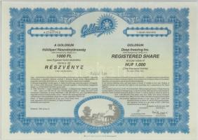 Budapest 1994. "Goldsun Hűtőipari Részvénytársaság" névre szóló részvénye 1000Ft-ról (2x) ...