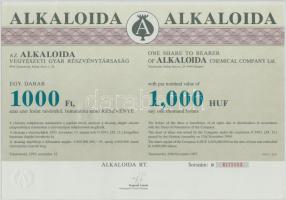 Tiszavasvári 1993. "Alkaloida Vegyészeti Gyár Részvénytársaság" részvénye 1000Ft-ról (2x),...