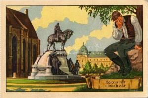 Kolozsvár, Cluj; "Kolozsvár visszavár", Mátyás szobor. Kiadja a Székely Egyetemi és Főiskolai Hallgatók Egyesülete / Hungarian irredenta art postcard, Matthias Corvinus, Mathias Rex statue s: Gebhardt - képeslapfüzetből / from postcard booklet (EK)