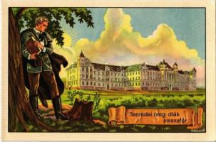 Csíkszereda, Miercurea Ciuc; Szeredai öreg diák visszatér, Római katolikus gimnázium. Kiadja a Székely Egyetemi és Főiskolai Hallgatók Egyesülete / Hungarian irredenta art postcard, Catholic high school s: Gebhardt - képeslapfüzetből / from postcard booklet (EK)