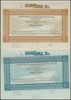 Budapest 1992. "Kontrax Irodtechnika Részvénytársaság" részvénye 1000Ft-ról (2x), sorszámkövetők, szelvényekkel  + 1992. "Kontrax Telekom Részvénytársaság" részvénye 1000Ft-ról (2x), sorszámkövetők, szelvényekkel T:1-