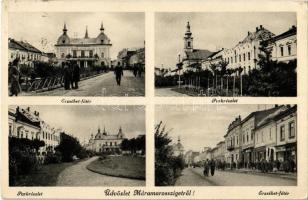 1940 Máramarossziget, Sighetu Marmatiei; Erzsébet Fő tér, Park, üzletek, utca / main square, park, shops, street view (EK)