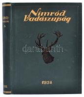 1934 Nimród vadászújság. A Nemzeti Vadászati Védegylet hivatalos lapja. XXII. évf. 1-36 sz. 1934-es teljes évfolyam. Szerk.: Kittenberger Kálmán. Bp.,1934, Nimród, IV+592 p. Korabeli reklámokkal. Kiadói festett aranyozott egészvászon-kötésben, jó állapotban.