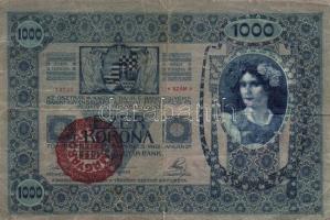 1902. 1000K "Deutschösterreich" fny-sal (4x) + piros "Magyarország" körbélyegzővel (1x) + piros "Magyarország" körbélyegzővel, andráskeresztes érvénytelenítő fny-sal (2x) ez egyik dupla érvénytelenítő fny-sal! + 1918. 10.000K (1x) piros "Magyarország" körbélyegzővel T:II,II/III,III Összesen 8db!