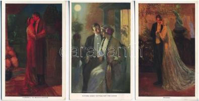 6 db RÉGI használatlan romantikus művész motívumlap: szerelmes pár / 6 unused pre-1945 romantic art motive postcards: love couple