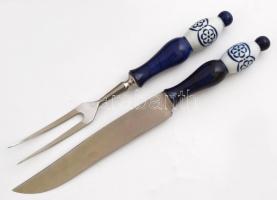 Tranchierbesteck  Húsvilla és kés, porcelán nyéllel, eredeti dobozában, h: 32 és 28 cm
