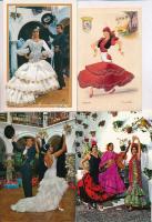 4 db MODERN spanyol folklór motívumlap: táncosok, kettő hímzett lap / 4 modern Spanish folklore motive postcards: dancers, two silk cards