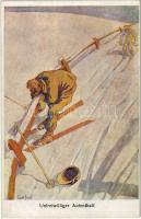 Unfreiwilliger Aufenthalt. Wintersport / ski, winter sport art postcard. B.K.W.I. 180-4. s: Carl Josef
