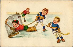 Children playing ice hockey, winter sport art postcard. AMAG 0448.