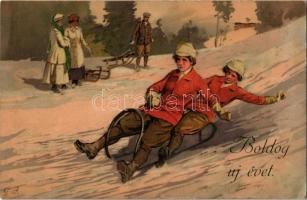 1911 Boldog Újévet! / Winter sport art postcard with New Year greeting, sledding. Meissner & Buch Künstler-Postkarten Serie 1800. Sport im Winter, litho (EK)