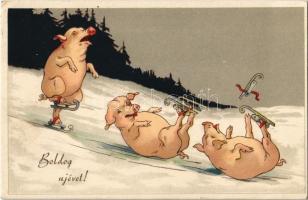 Boldog Újévet! / Winter sport, sliding pigs on ice skates, humor, New Year greeting