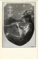 1925 Cserkész kürttel. Kiadja a Magyar Cserkészszövetség kiadóvállalata / Hungarian boy scout art postcard, scout with horn s: Mátis