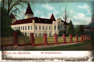Szentágota, Agnetheln, Agnita; Ev. Hauptvolksschule / Evangélikus középiskola. Kiadja M. Lang és fia No. 214. / Lutheran high school (EK)