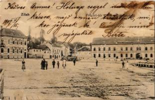 1907 Zilah, Zalau; Polgári tér a Báró Fejérváry honvéd laktanyával, üzletek. Kiadja Molnár Lajos / square, K.u.K. military barracks, shops (EK)