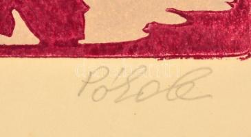 Póka György (1944-): Krizantémok. Linó, papír, jelzett, 29×49 cm