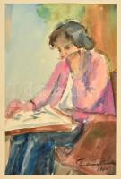 Temesváry Aranka (?-): Rajzoló nő. Akvarell, papír, jelzett, 37×25 cm