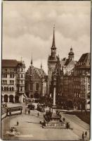 München, Munich; Marienplatz / square, church, bank, tram, automobiles (worn corners)
