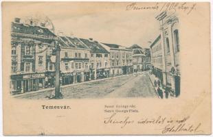 1902 Temesvár, Timisoara; Szent György tér, Várneky A., Fischer, Schwarcz üzlete. Kiadja Raschka / Sanct Georgs-Platz / square, shops (ázott / wet damage)