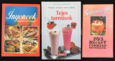 3 db szakácskönyv: Sütemények, 203 recept cukrászmesterektől, Ínyencek szakácskönyve, Tejes turmixok.